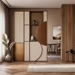 a room with a large wooden book shelf in it