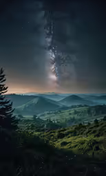 the stars are shining in the sky and the hills