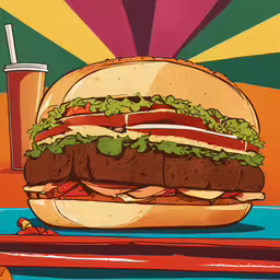 an artwork showing a huge sandwich with a cup of drink,an image of a hamburger with a drink