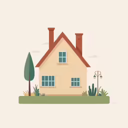 a house with two chimneys sitting on the ground in front of a green field