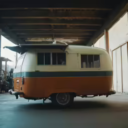 an old, yellow and green recreational vehicle parked under a covered area
