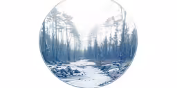 snowy path through a forest, viewed in a circular mirror