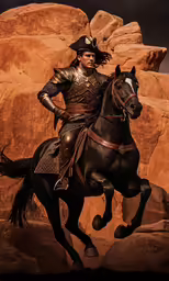 the man in gold is riding a black horse