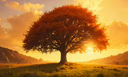 a tree in the middle of a meadow with mountains behind it,the sun sets behind a tree in a beautiful valley