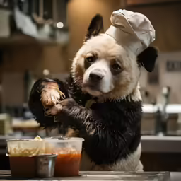 a dog with chef attire stands in front of two bowls