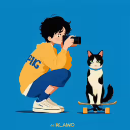 man taking a photograph of black and white cat on skateboard