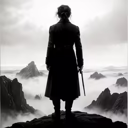 a man standing on top of a mountain above a foggy landscape