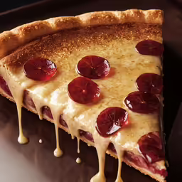 close up view of a slice of fruit pizza with melting sauce