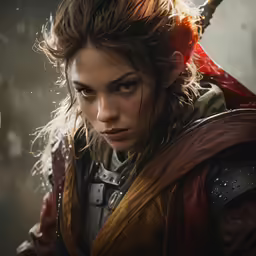 a woman with a sword looking into the distance