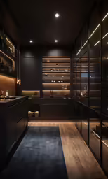 the interior of the room has wooden shelves