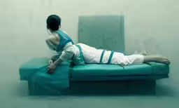 there is a woman laying on top of the bed