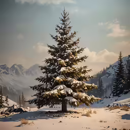 a pine tree with no leaves and snow covering the ground