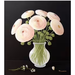 a painting of pink flowers in a vase on a black background,painting of flowers in a vase, with water droplets and leaves,white flowers are in a vase with the stems splayed,a painting of white flowers in a vase,this painting is of pink flowers in a glass vase