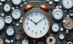 many different clocks and nuts scattered around it