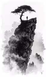 a lone tree sitting on top of a mountain next to a tall cliff