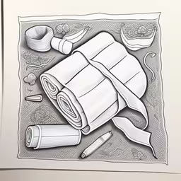 a drawing of rolled up quilts on a mat with sewing pins,a drawing of yoga accessories with ribbons