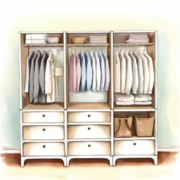 the open storage cabinet with drawers has a hanging bag and basket