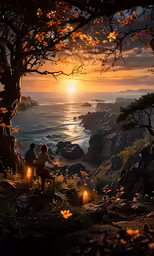 two people on top of a mountain watching a sunset