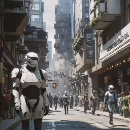 storm trooper on a city street with pedestrians