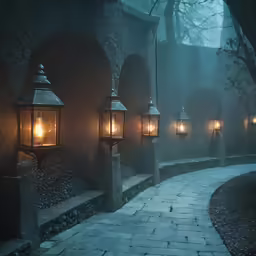 many lanterns are lit on the brick path in the dark