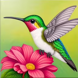 a bird on top of a pink flower,a hummingbird sitting on a flower next to a green background