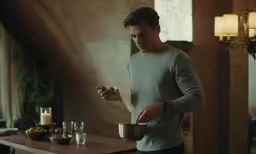a man holding a bowl with a note on it