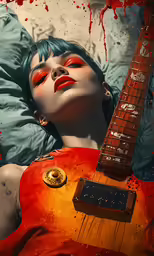a woman laying on top of a bed with a guitar next to her