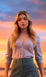 a model in an elegant pink shirt and green skirt stands on the beach at sunset