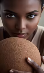 a woman holding a brown ball with large blue eyes