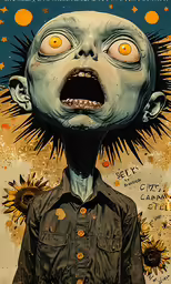 a cartoon character with an open mouth, the face is covered in an evil head
