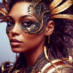 a close up of a woman wearing gold and silver