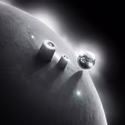 two shiny objects on top of a black surface