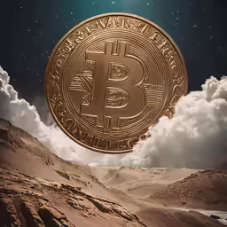 a gold bit coin is floating through the sky