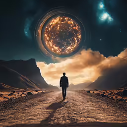 a person walks on a dirt road towards an object flying through the sky
