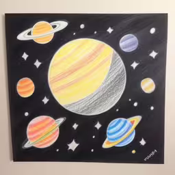 a drawing of the solar system as it hangs on the wall,a drawing of a solar system with planets and stars,a picture of different planets as well as a star,some sort of artwork that looks like the solar system,the painting shows a solar system, a picture of saturn and nine other planets