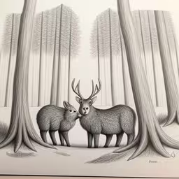two deers are standing in the middle of a forest