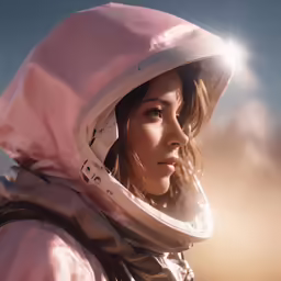 woman in pink rain coat with her head in a hoodie
