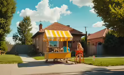 a yellow and white canopy has a food truck on it