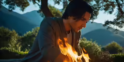 a man sitting in front of a fire while holding a cigarette