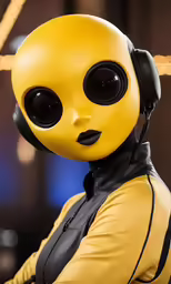 a close - up of a yellow humanoid doll wearing headphones