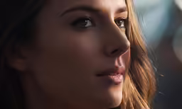 a close up of a womans face with long hair
