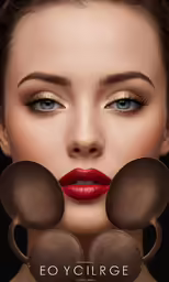 a woman with dark brown and red lipstick with gold accessories on her face