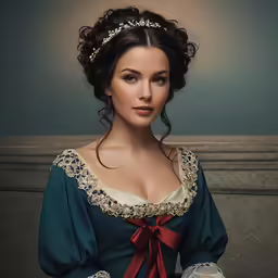 a woman in a victorian costume with a red bow around her neck