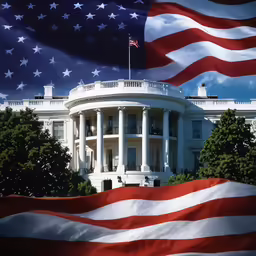 the white house with a giant american flag in the foreground