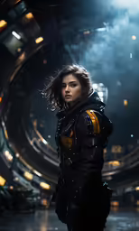 the woman stands in front of a circular object