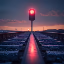 a railroad bridge with a red stop light at sunset