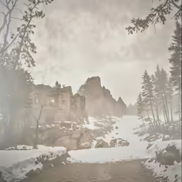 there are rocks in the middle of the snowy forest