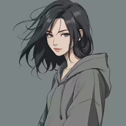 the girl with dark hair is in a grey sweater