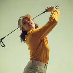 a female golfer in a yellow shirt hitting a golf ball