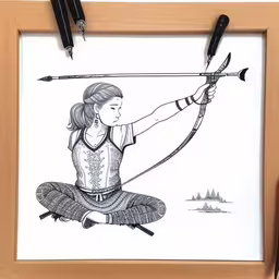 this illustration depicts a young girl aiming with a bow,a drawing of a woman in traditional dress sitting in the floor while aiming her bow at a target,a woman sitting on the ground while holding an arrow,a drawing of a woman with a bow and arrow,a drawing of a woman squatting on the ground with a bow and arrow